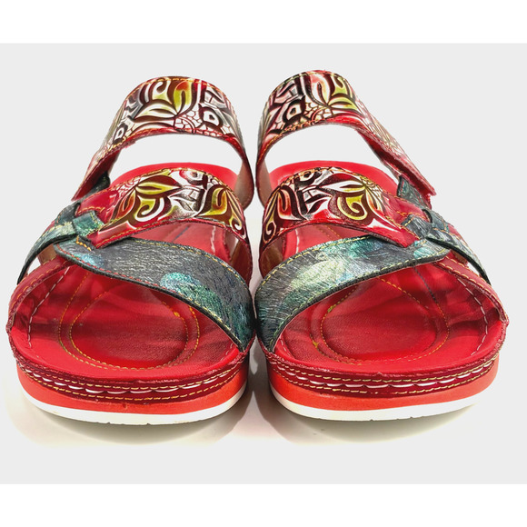 New L'Artiste Spring Step Womens Caiman Leather Wedge Slide Sandals Red 40M 9M - Picture 3 of 13